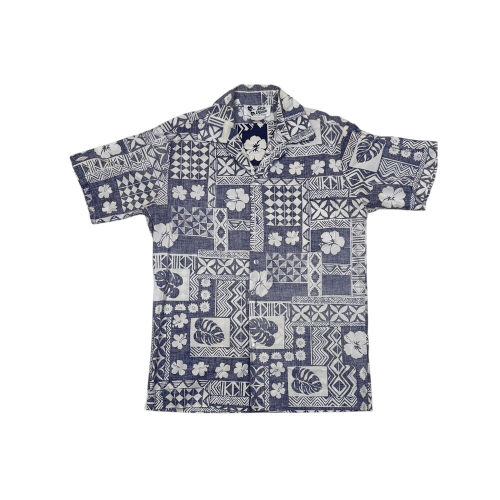 Vintage Hilo Hattie Hawaiian Shirt Mens L Blue Tribal Aloha Made in Hawaii